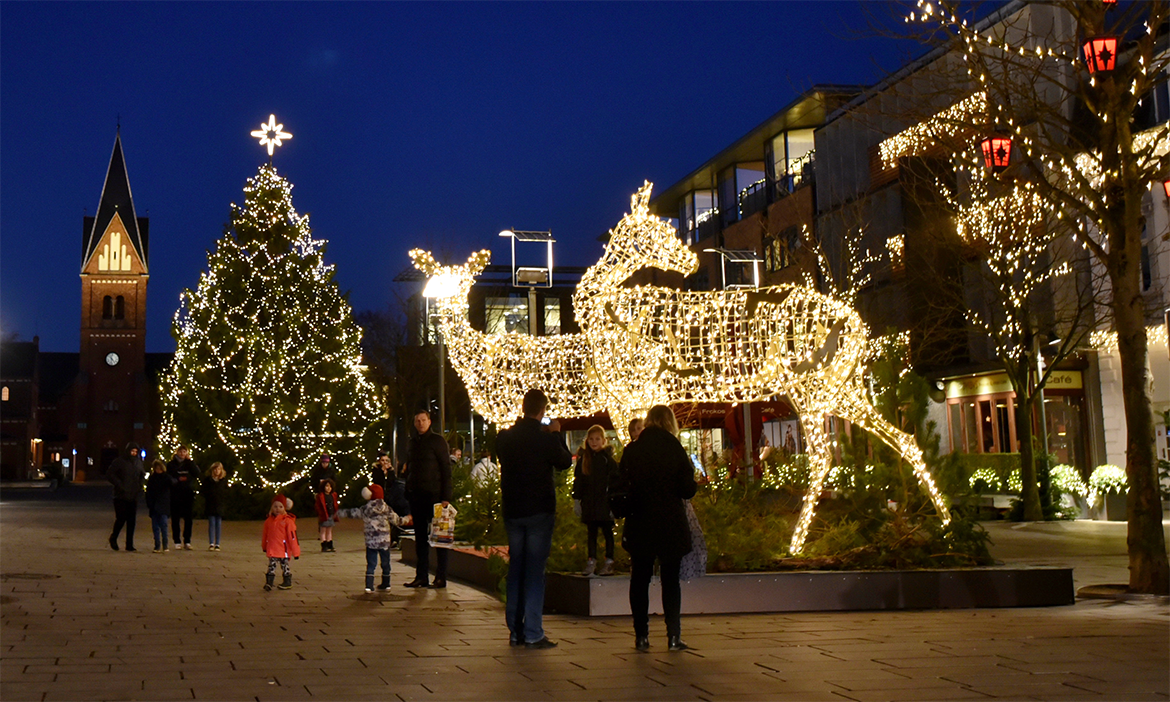 Juletræ og dådyr med lys på Torvet i Herning